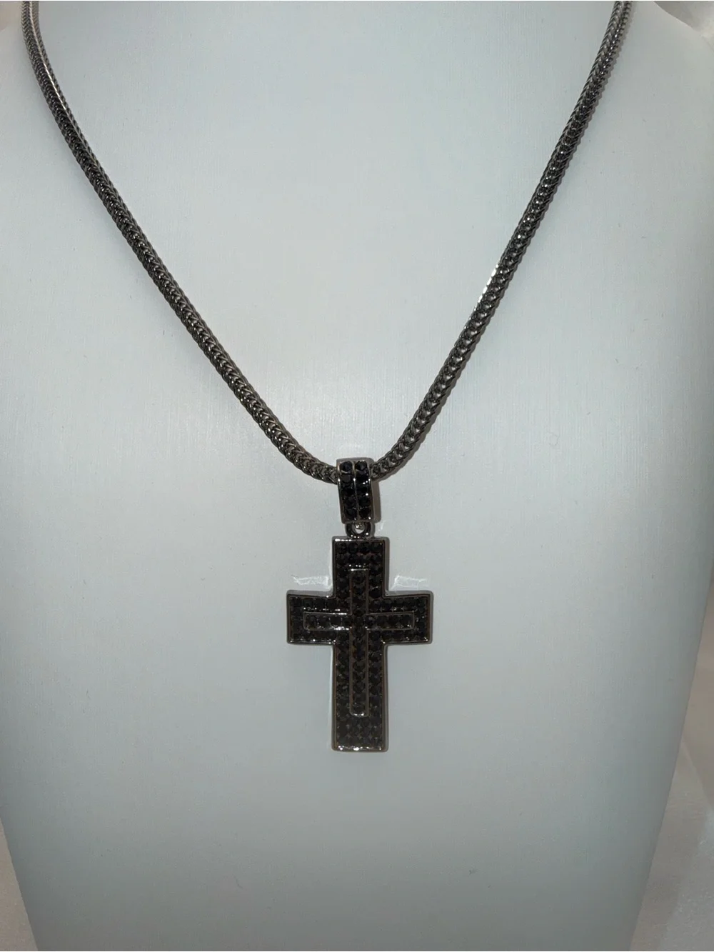 24 Inch 2.7mm Stainless Steel Franco Necklace with Black AAA CZ Cross Pendant